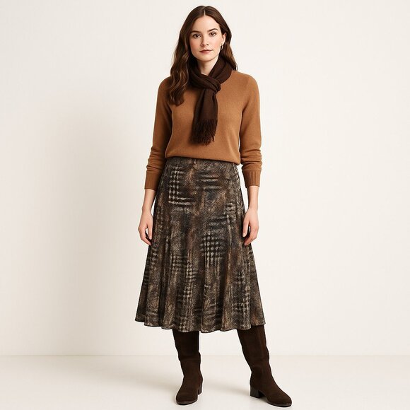 NWOT Simonton Says A-Line Midi Skirt Rustic Abstract Print Brown Black L - Picture 1 of 10